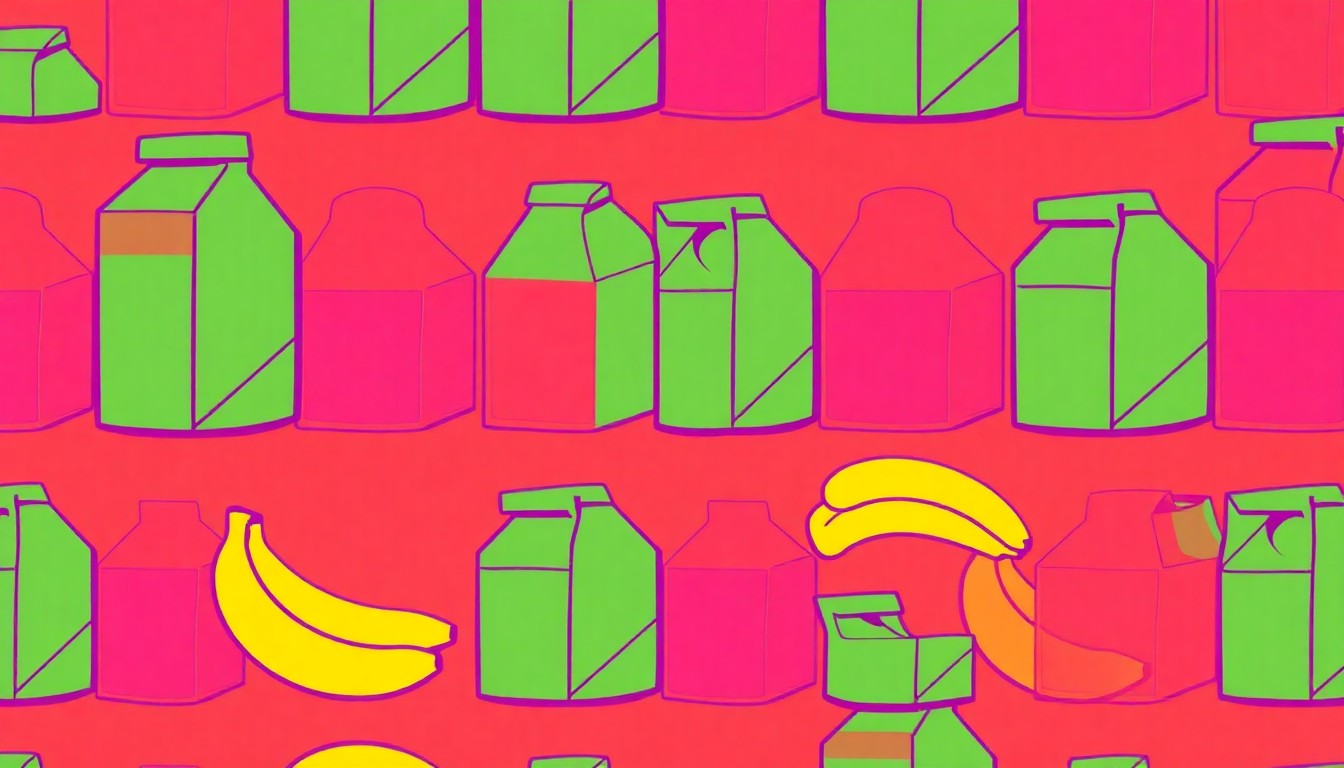 A highly stylized, abstract grid of a single iconic grocery item rendered in bold, neon-bright colors and heavy black outlines, conceptually representing the community's shopping preferences.