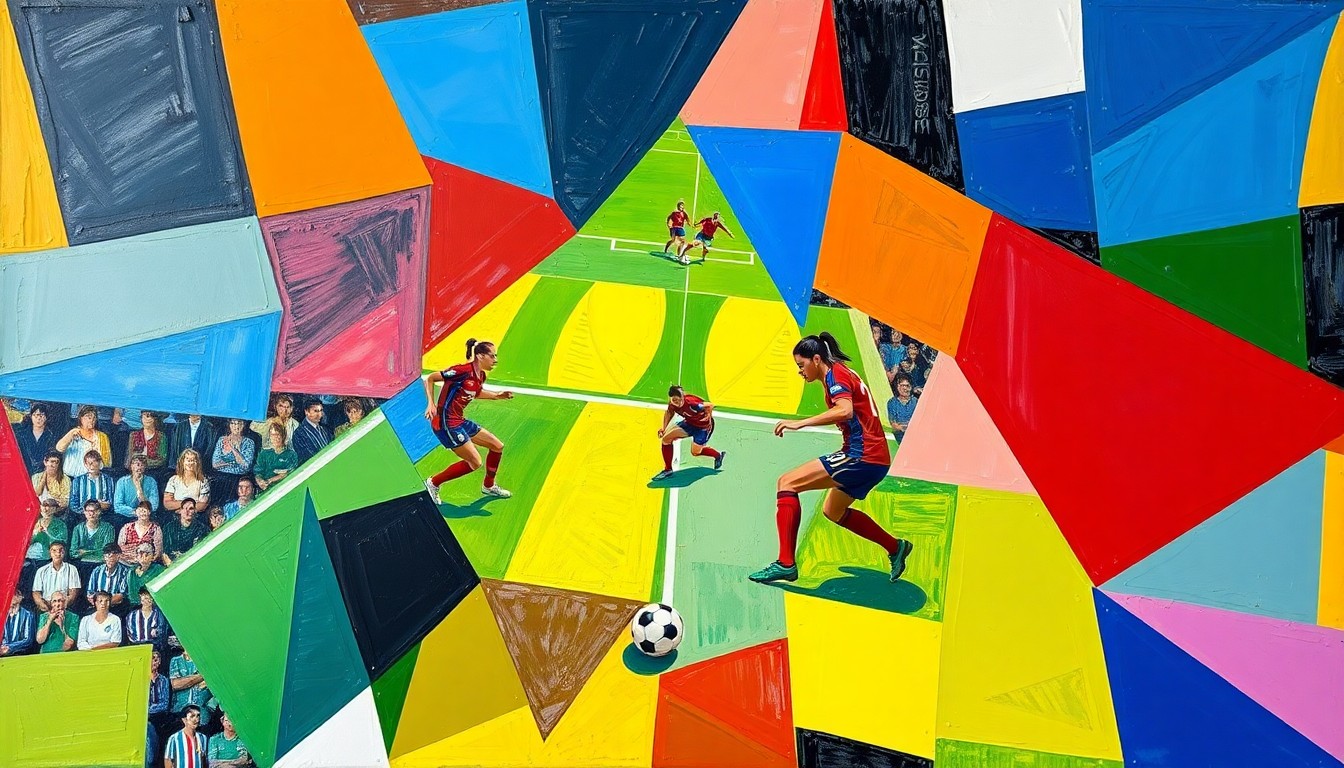 A cubist, geometric painting depicting a women's soccer match, with the players and ball broken down into overlapping planes of bright, vibrant colors.