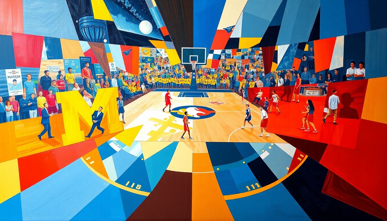 A cubist, geometric painting depicting the intense action and competition of the championship basketball game, with the bright colors of the teams' uniforms creating a dynamic, fragmented visual representation of the event.