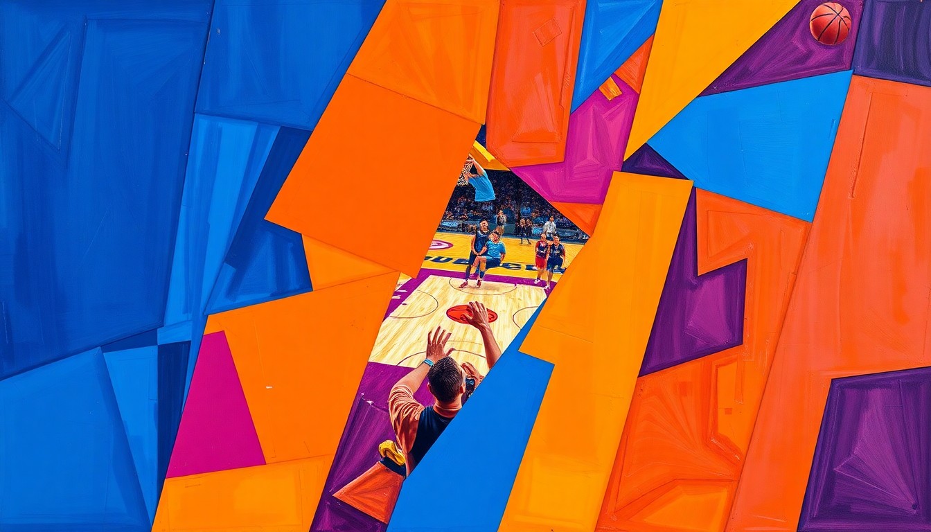 A cubist, geometric painting in bold colors depicting the fragmented action of a college basketball game, conceptually representing the power of data-driven AI predictions in sports analytics.
