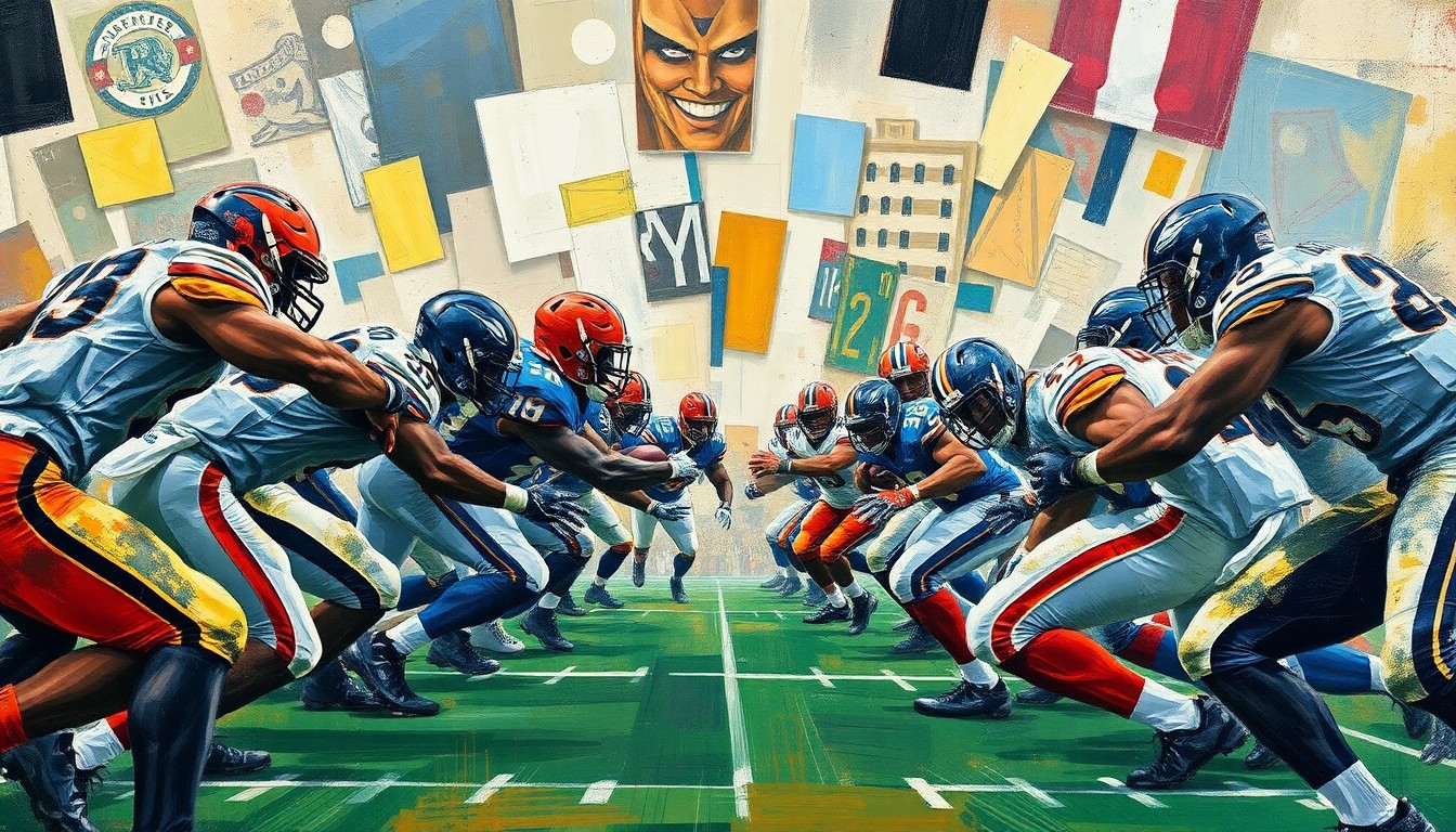 A cubist, geometric painting depicting the intense physicality and overlapping perspectives of an offensive line battle, conveying the power and skill of the top interior line prospects in the 2026 NFL Draft.