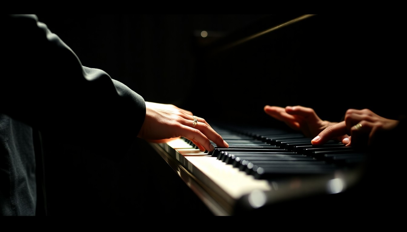 An extreme close-up photograph of a pianist's hands playing the keys of a grand piano, the fingers and keys captured in dramatic high-contrast lighting to create a sense of intimate musical performance.