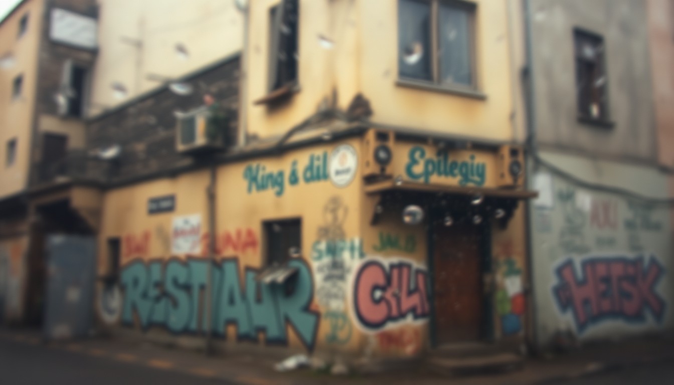 An impressionistic, out-of-focus photograph showing the hazy outline of a run-down building, its windows boarded up and walls covered in graffiti, conveying a sense of urban decay and the need for renewal.