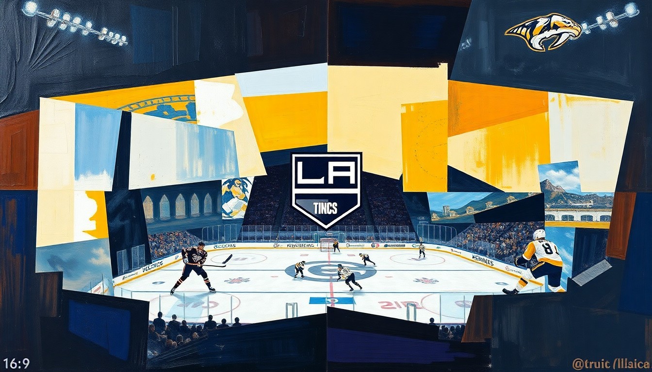 A fractured, geometric painting depicting a hockey game between the Los Angeles Kings and Nashville Predators, with the players and action broken down into sharp, overlapping planes of color and form.