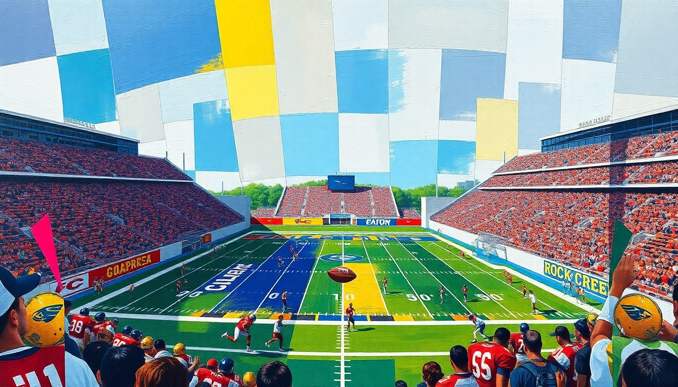 A fractured, geometric painting depicting the action and energy of a high school football game, with the players, field, and stadium rendered in sharp, overlapping planes of color.