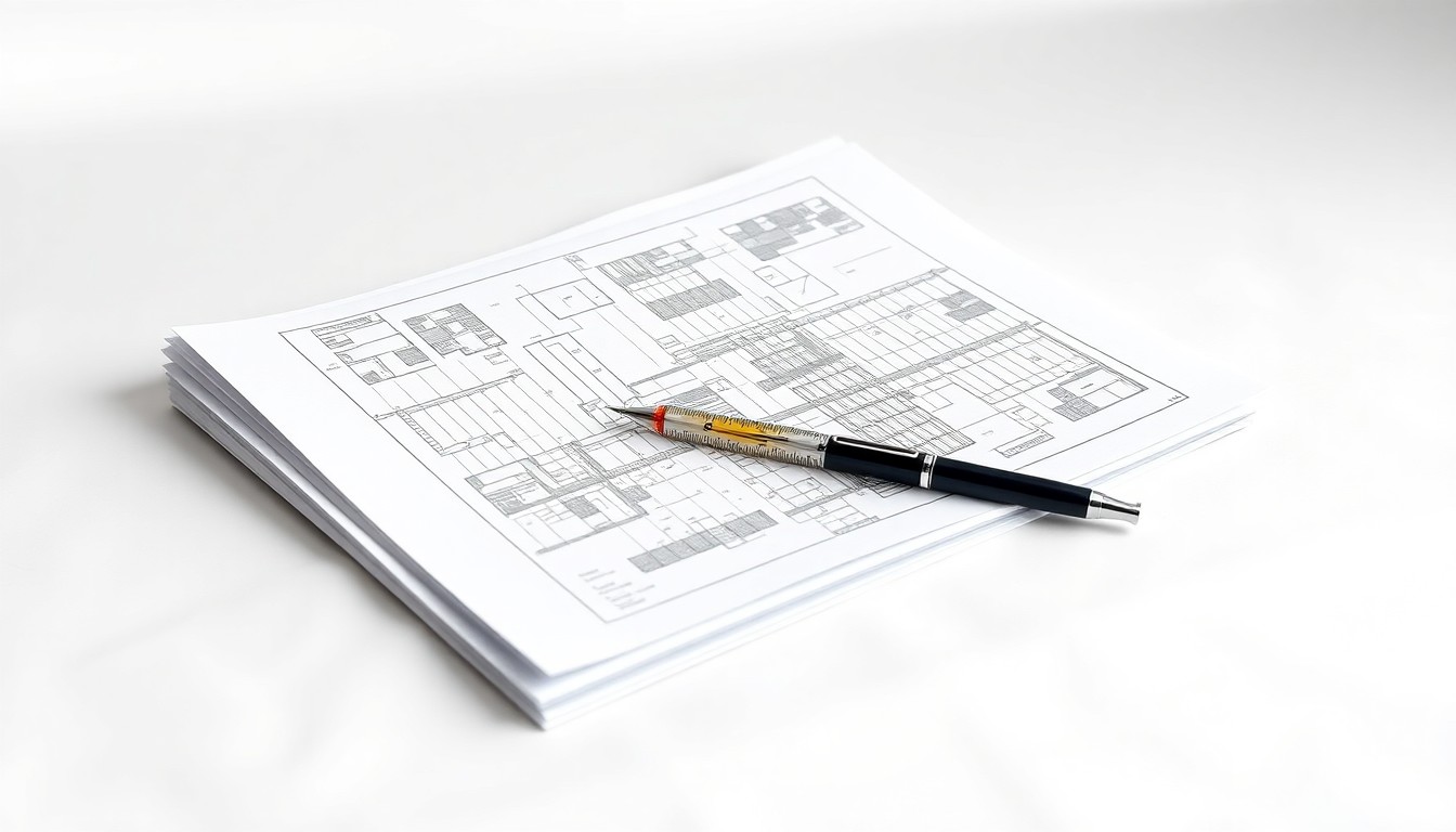 A photorealistic studio still life featuring a stack of architectural blueprints, a ruler, and a pen, conceptually representing the planning and development driving population growth in Kaufman County.