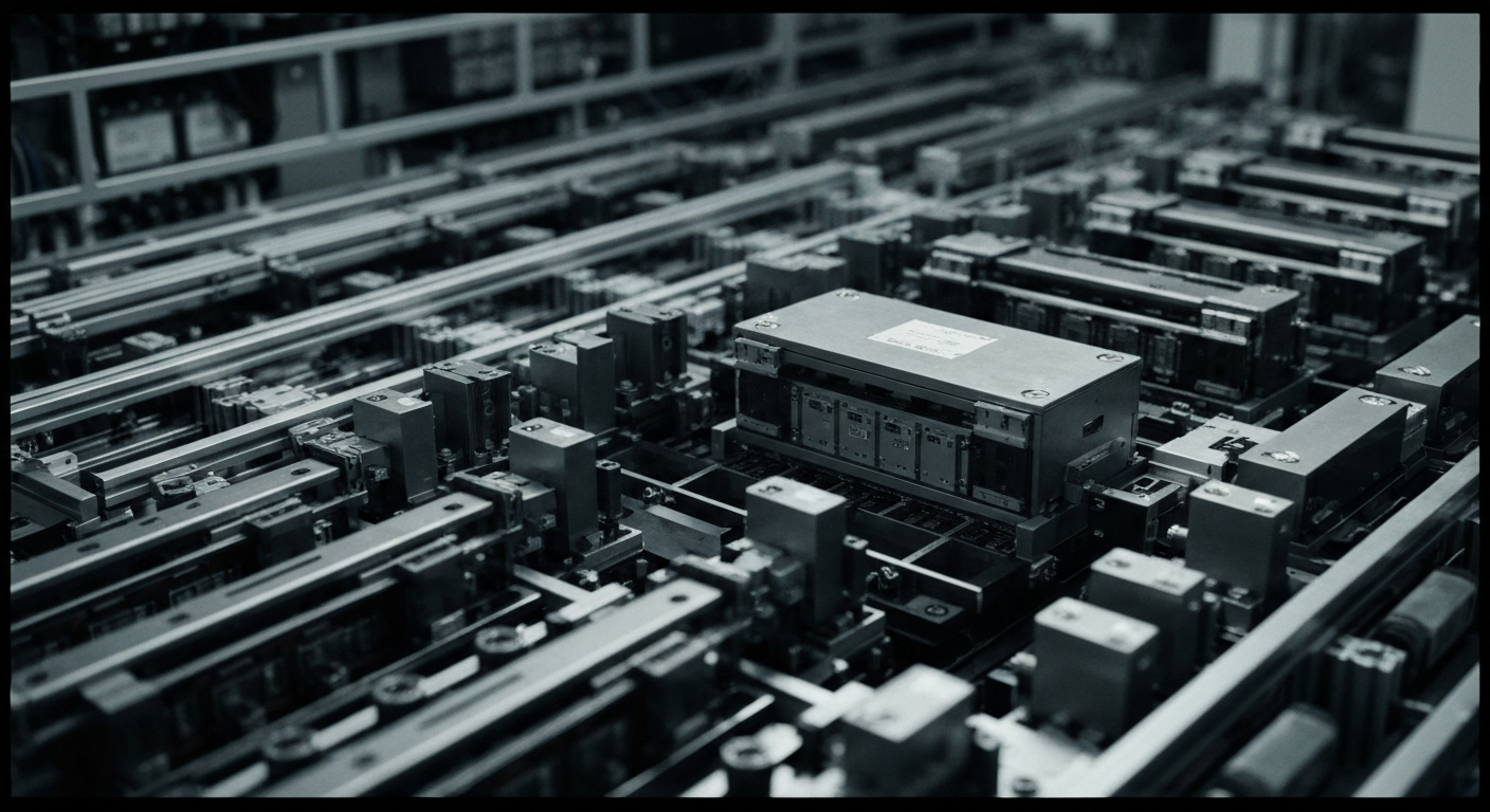 An extreme close-up of the intricate, metallic components and machinery inside a semiconductor fabrication facility, conveying the complex, industrial nature of modern electronics manufacturing.