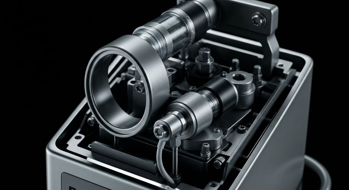 An extreme close-up photograph of the internal gears, circuits, and mechanical parts that make up the core of a ResMed CPAP machine, captured in a cinematic, high-contrast style that emphasizes the robust, precision engineering of the device.