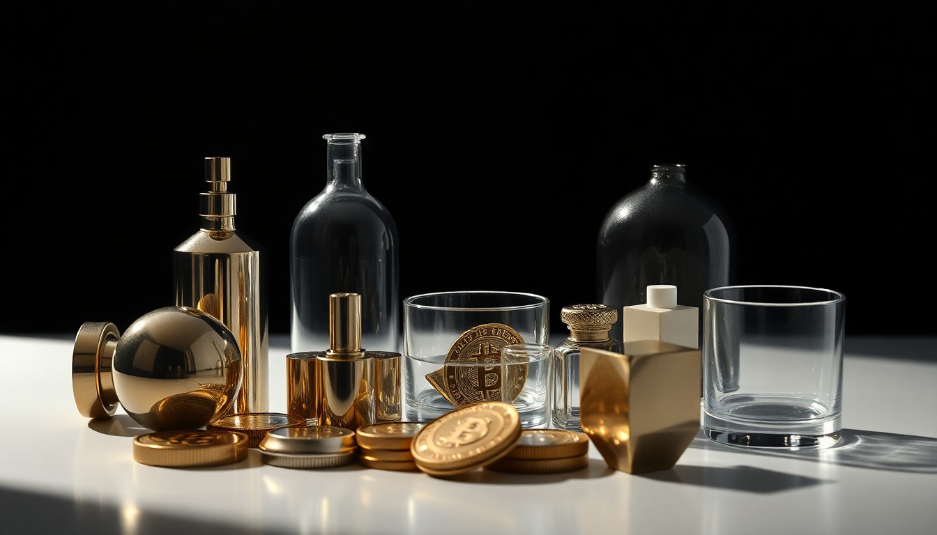 A high-end, photorealistic studio still-life photograph featuring a carefully arranged composition of premium, polished metal and glass objects in dramatic lighting, conceptually representing the uncertainty and risk facing global corporations amid the Iran conflict.