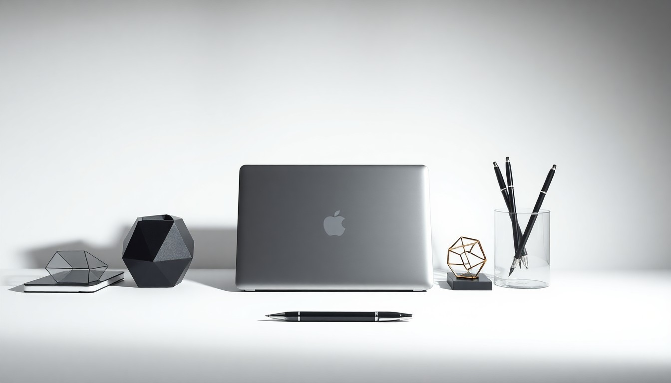 A high-end studio photograph featuring a collection of sleek, geometric business objects arranged elegantly on a clean, monochromatic background, conveying a sense of corporate strategy and innovation in the face of retail disruption.