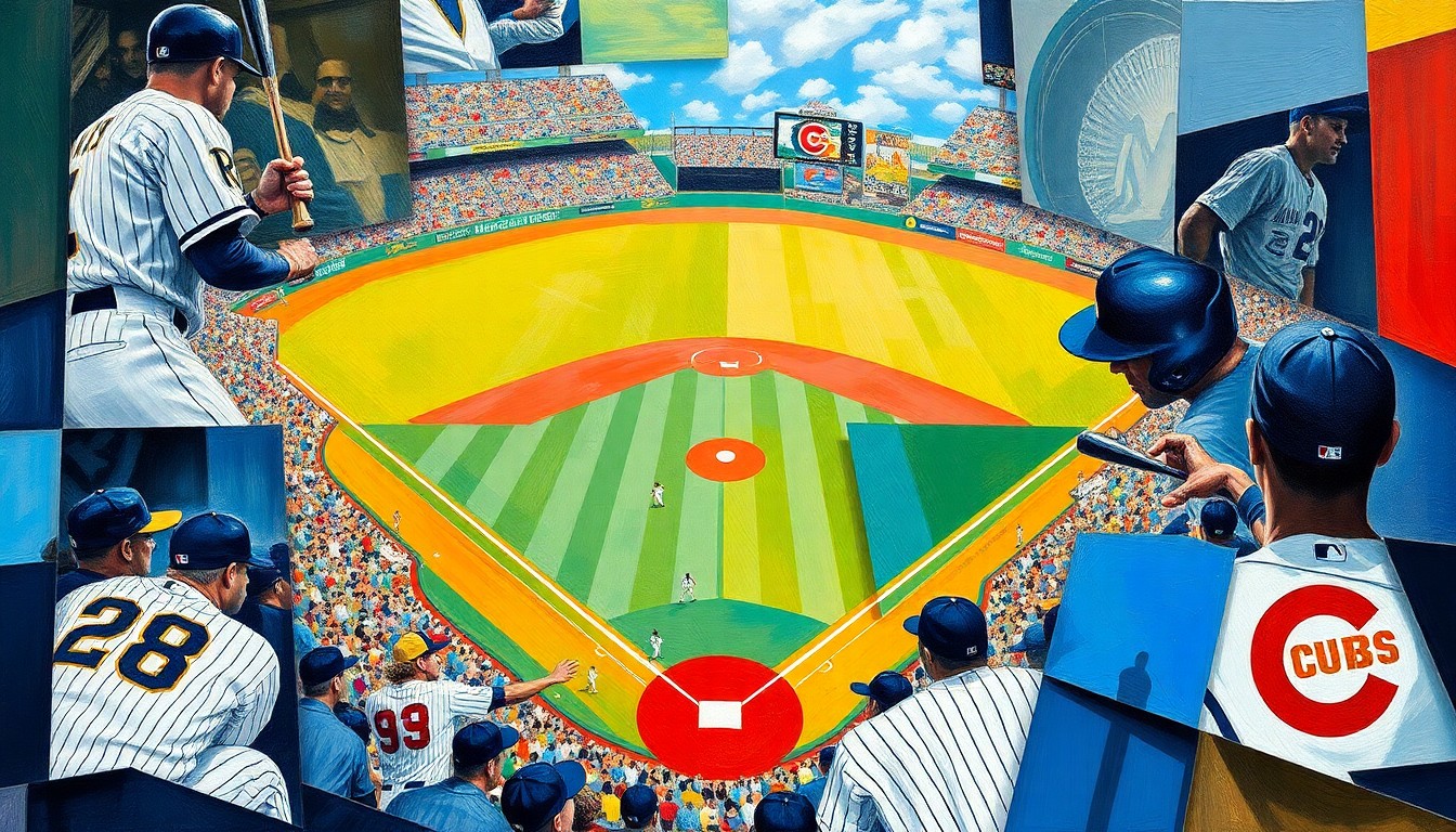 A fractured, multi-perspective painting in bold, geometric shapes and colors representing a baseball game between the Tampa Bay Rays and Chicago Cubs, capturing the energy and excitement of the Rays' homecoming.