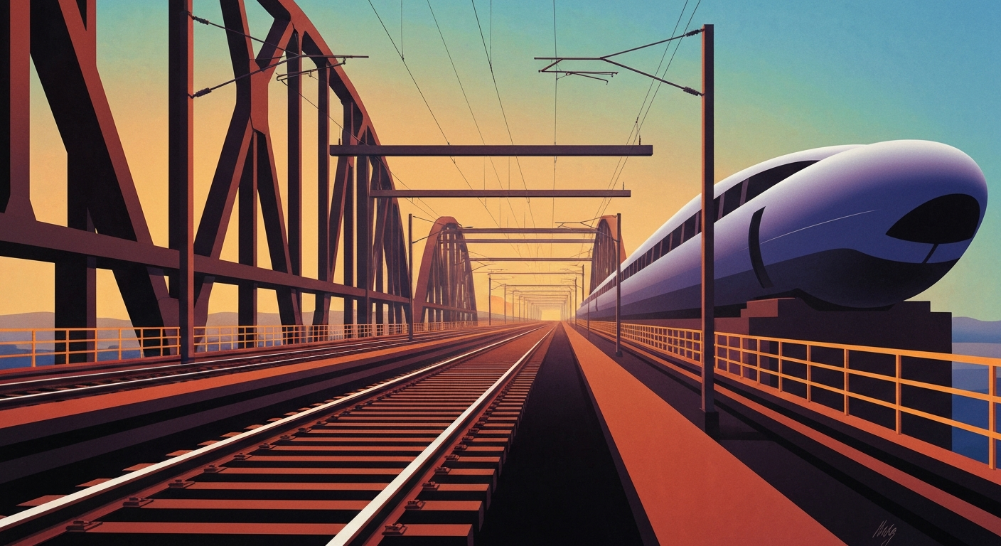 A highly stylized, geometric illustration depicting the sweeping curves and towering scale of a railway system, rendered in bold, airbrushed gradients of blues and grays to convey the engineering and infrastructure that connects Midwest communities.