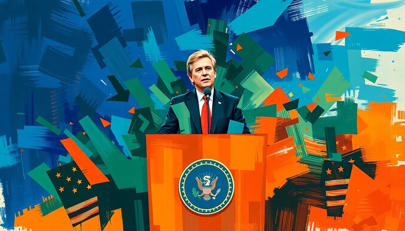 A vibrant, abstract painting featuring overlapping, geometric shapes and brushstrokes in shades of blue, green, and orange, conveying the dynamic energy of a political campaign.
