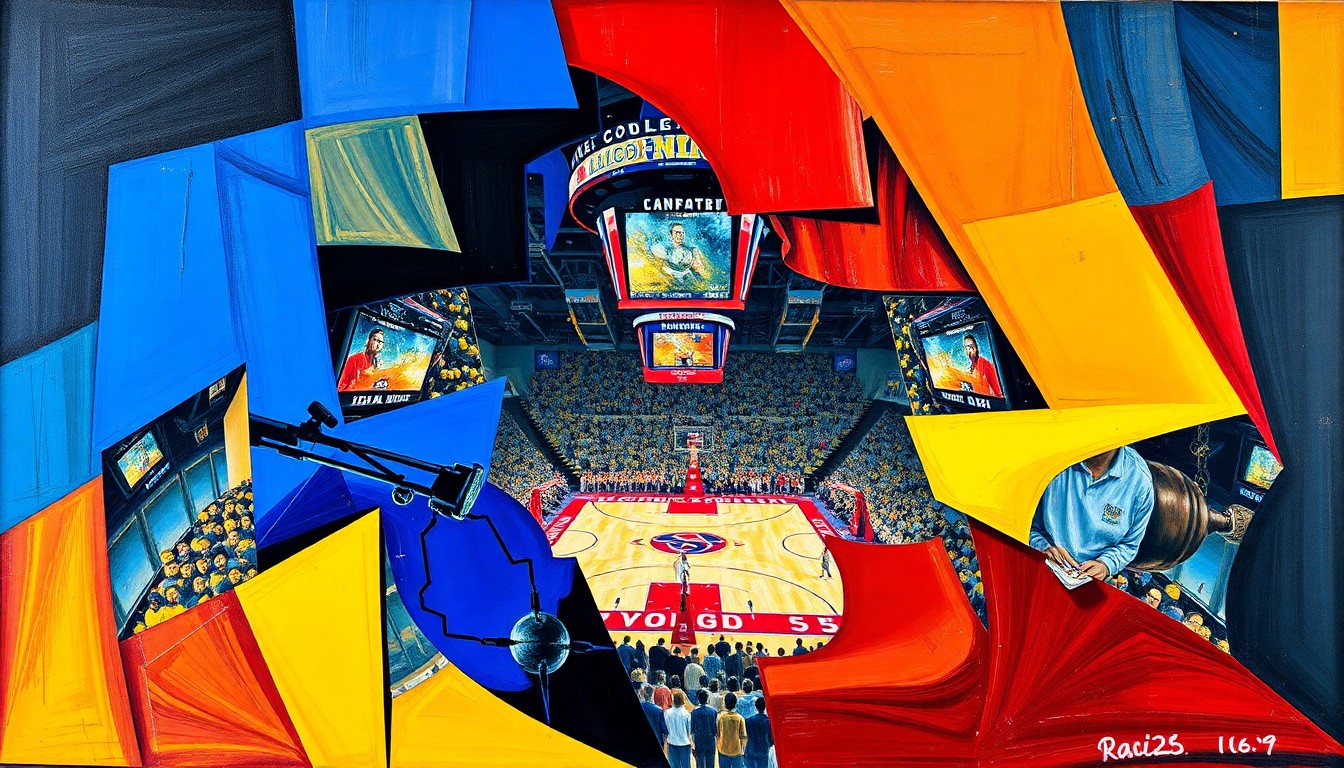 A cubist, geometric painting depicting a fragmented, multi-angled view of a college basketball championship game, with sharp planes of royal blue, maize yellow, and crimson red conveying the raw energy and drama of the event.