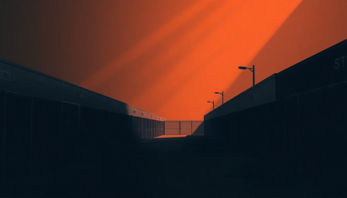 A realistic painting of a nondescript immigration detention center building, with warm sunlight casting long shadows across the facade. The scene conveys a sense of isolation and melancholy, reflecting the plight of those detained within.