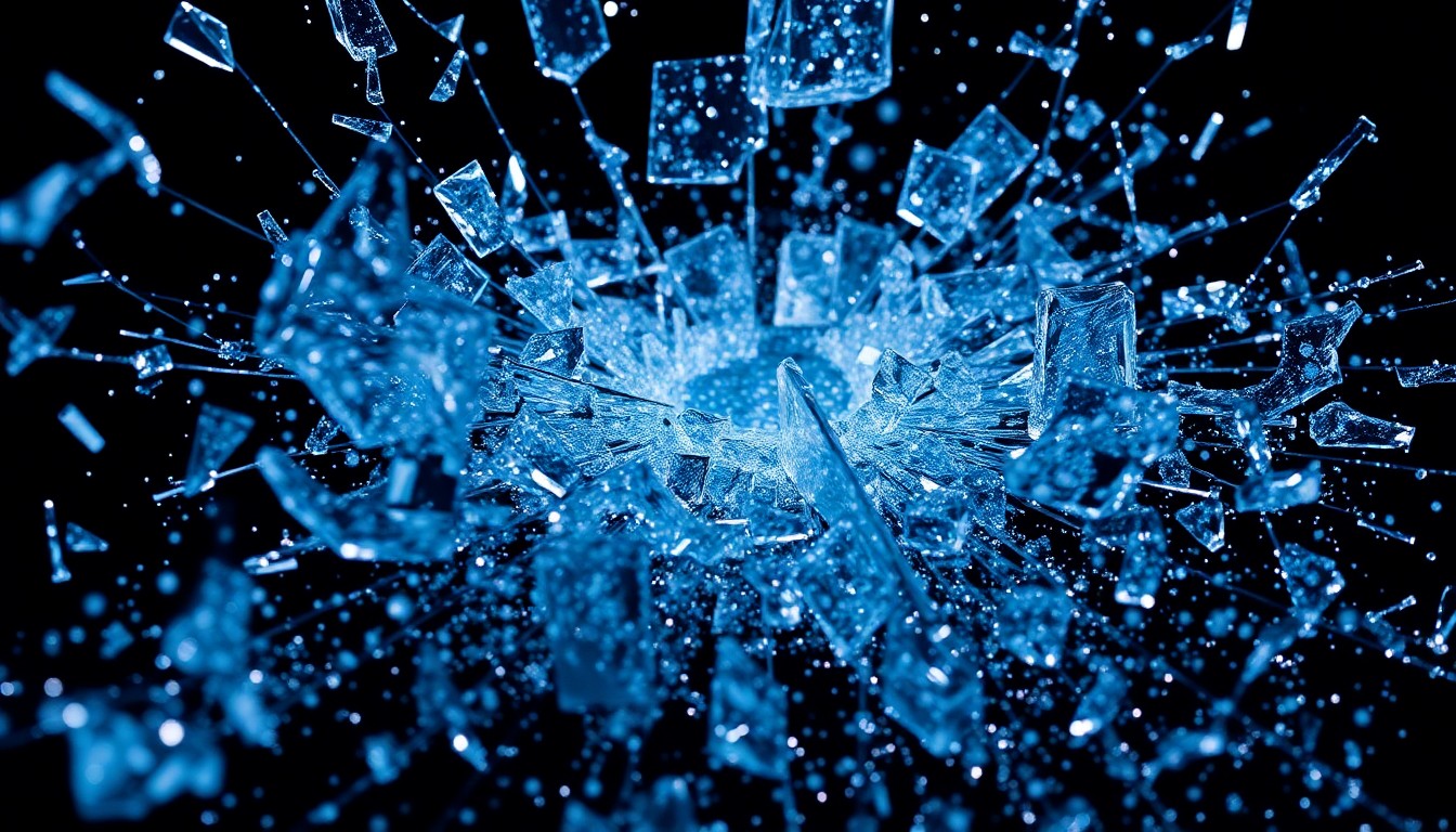 An abstract close-up image of shattered glass and glittering sequins, capturing the high-contrast, high-fashion aesthetic of the final season of the HBO Max series 'Hacks'.