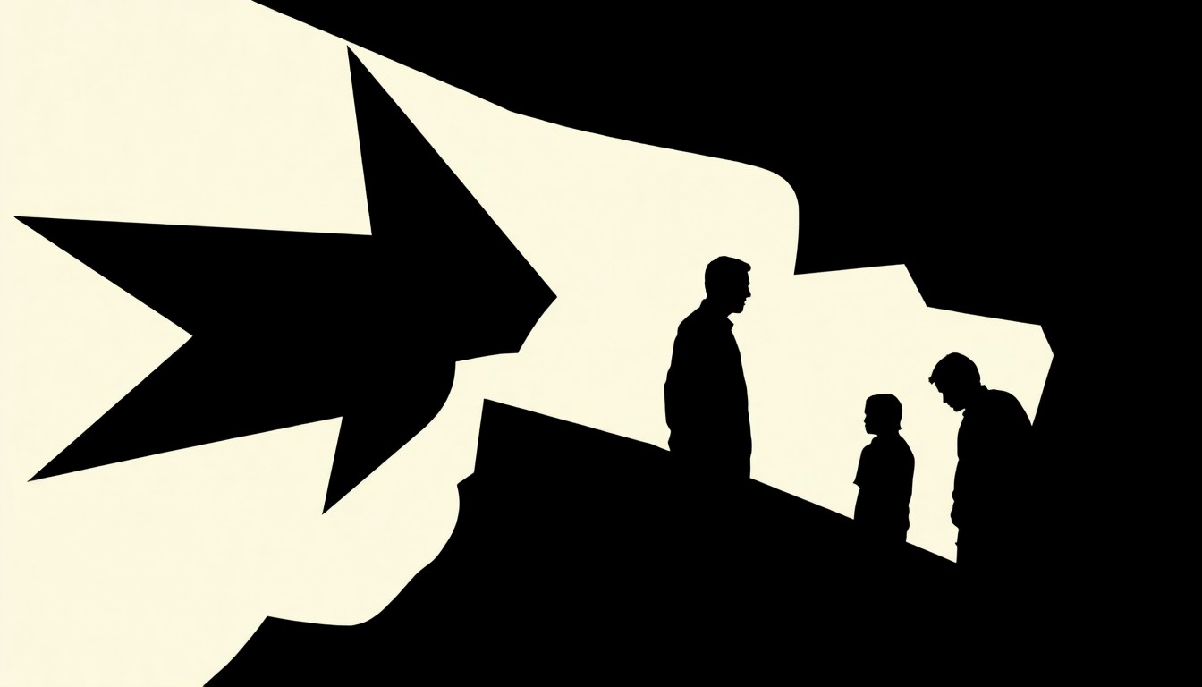 An abstract, minimalist illustration featuring stark, jagged black silhouettes and geometric shapes, conceptually representing the themes of memory, identity, and human connection in the independent film Watching Mr. Pearson.