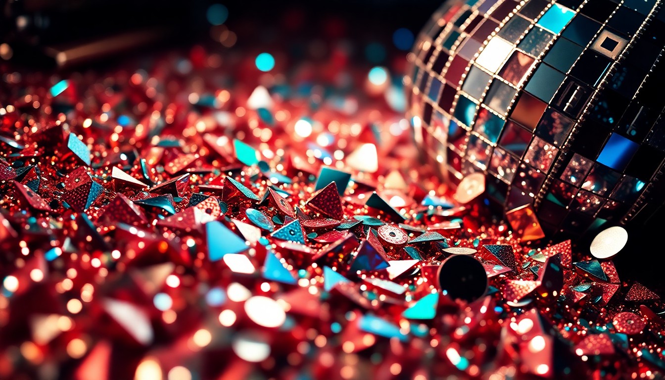 An extreme close-up photograph showcasing the abstract, high-contrast textures of glittering sequins and shattered disco ball fragments, conveying the glamour and excitement of a major music festival.