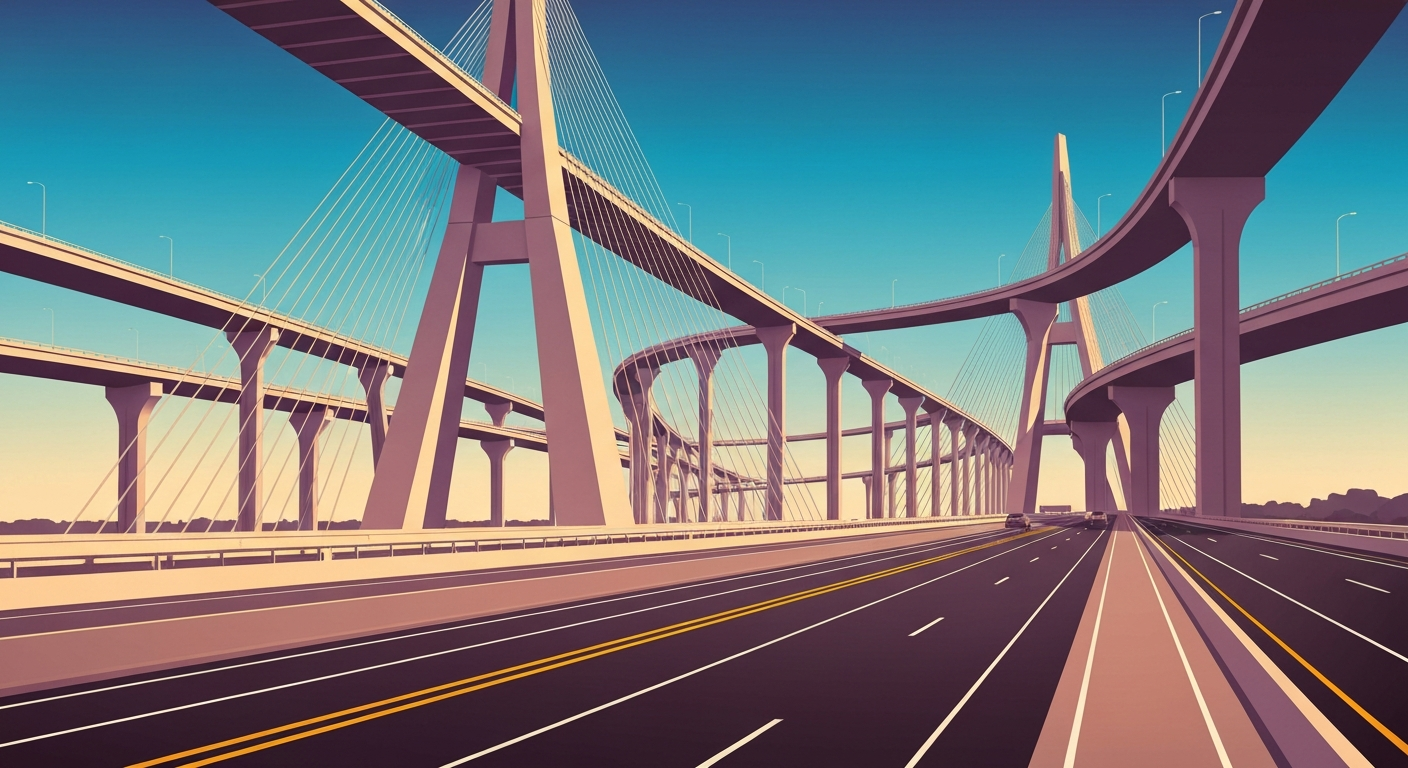 A highly stylized, geometric illustration depicting the grand scale and infrastructure of a major highway project, with sweeping curves and towering forced perspectives, conveying a sense of transportation efficiency and progress.