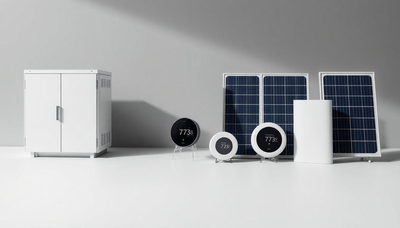 A high-end, photorealistic studio still-life photograph featuring a sleek, modern energy storage battery unit, a smart thermostat, and a compact solar panel, all arranged elegantly on a clean, monochromatic seamless background, conceptually representing the integration of distributed energy technologies to support grid modernization and energy management.