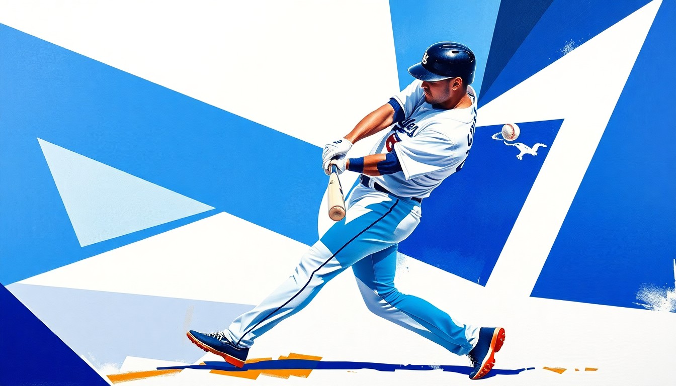 A fractured, cubist-style painting depicting Shohei Ohtani's home run swing from multiple angles, with sharp geometric shapes in bright blue and white colors representing the dynamic motion of the at-bat.