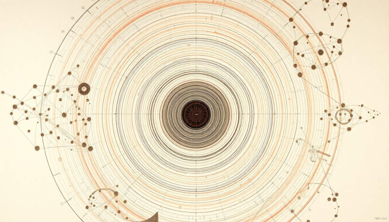 A highly structured abstract painting in muted blues, greens, and grays, featuring sweeping geometric arcs, concentric circles, and precise botanical spirals, conceptually representing the complex molecular structure and biological mechanisms of Valitor's new long-acting anti-VEGF therapy for wet age-related macular degeneration.