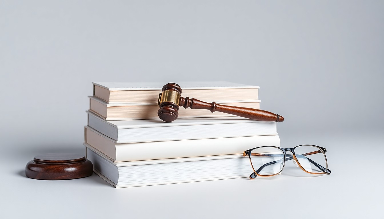 A high-end, photorealistic studio still-life featuring a stack of law books, a gavel, and a pair of eyeglasses arranged elegantly on a clean, monochromatic background, conceptually representing the abstract ideas of legal expertise, fairness, and transparency.