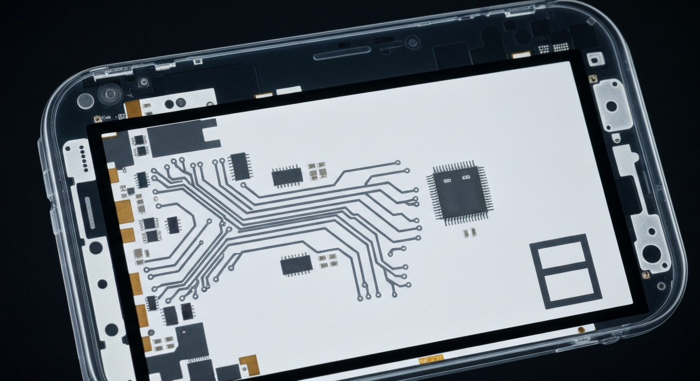 A ghostly, translucent X-ray image revealing the intricate internal structures of a smartphone screen and circuitry, conceptually representing the complex digital tools powering modern healthcare experiences.