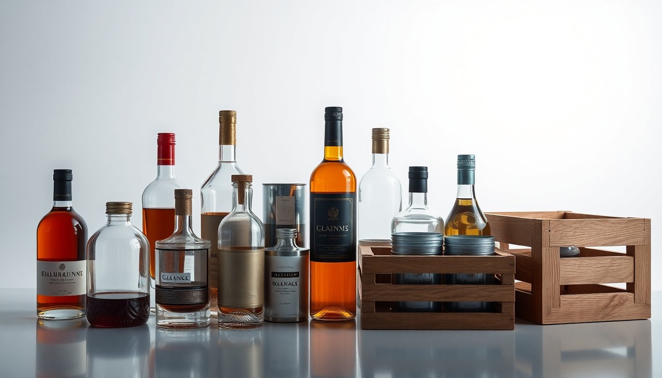 A high-end, photorealistic studio still-life photograph featuring a collection of premium glass bottles, metallic tins, and wooden crates arranged elegantly on a clean, monochromatic seamless background, conceptually representing the disconnect between alcohol discovery and purchasing.
