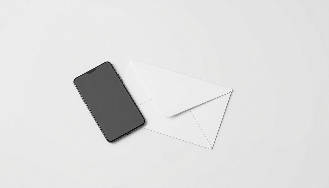 A photorealistic studio still-life featuring a modern smartphone and a white business envelope, symbolizing the intersection of technology, finance, and corporate communications.