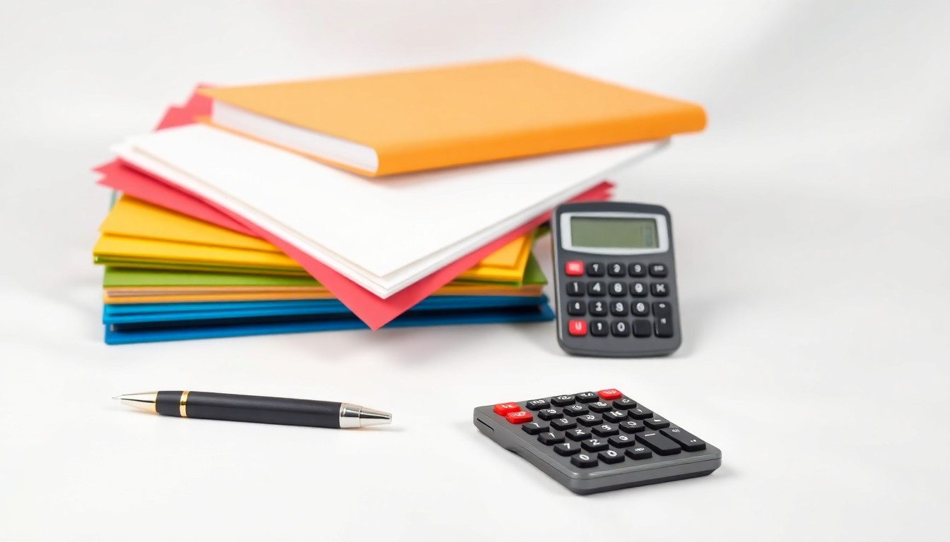 A photorealistic studio still life featuring a stack of colorful folders, a pen, and a calculator arranged on a clean white background, conceptually representing the administrative and financial work of the Latino Community Foundation.