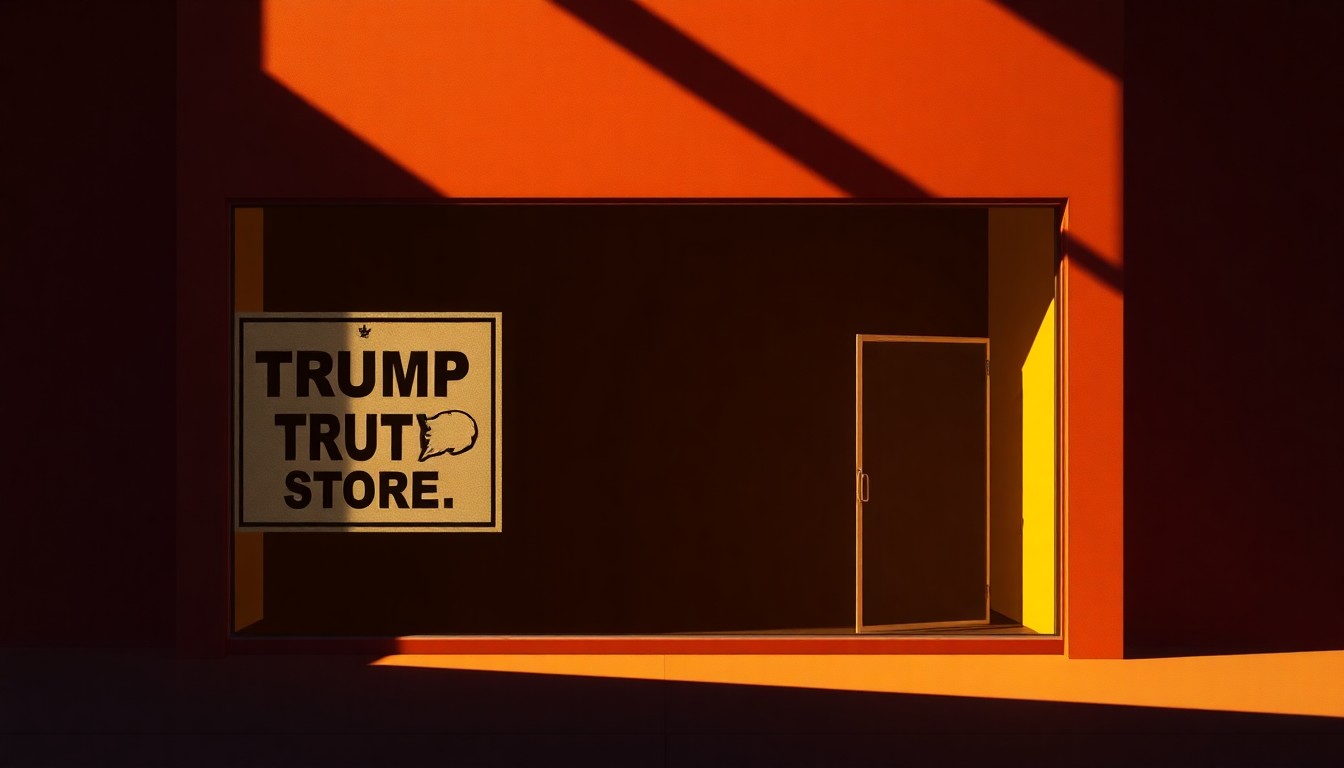 A realistic, cinematic painting of an empty storefront with a faded 'Trump Truth Store' sign in the window, the space bathed in warm, diagonal sunlight and deep shadows, conveying a sense of solitude and nostalgia.