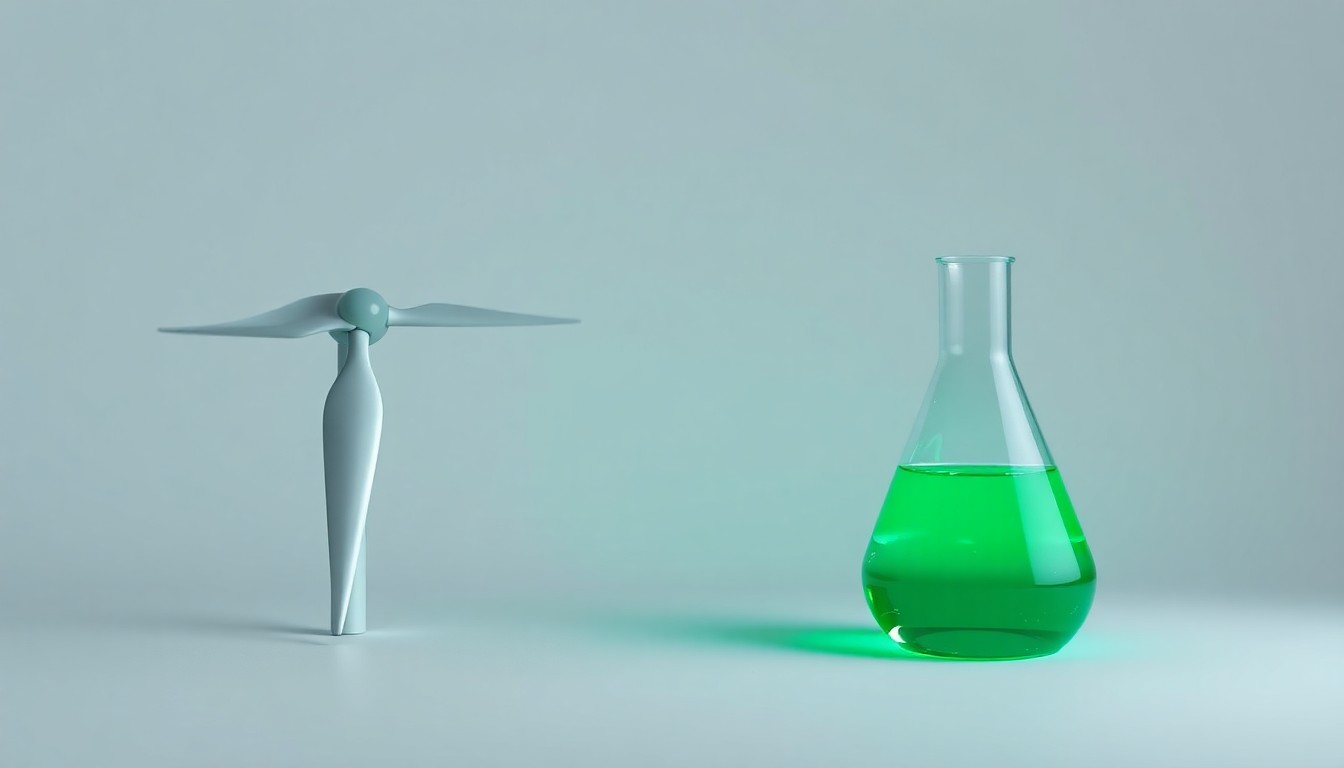 A minimalist studio photograph featuring a metallic wind turbine blade and a glowing green beaker, symbolizing the intersection of clean energy and environmental innovation.