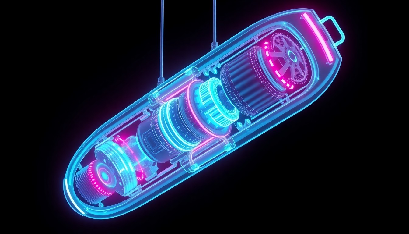 A highly detailed 3D illustration of a glowing, futuristic golf swing analysis device, with intricate mechanical components illuminated by neon cyan and magenta lights, conceptually representing the convergence of sports, technology, and data-driven performance.