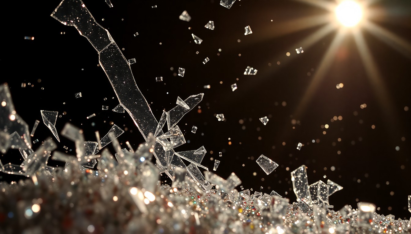 An abstract close-up photograph of shattered glass and glittering sequins, capturing the high-energy, glamorous atmosphere of a rock concert.