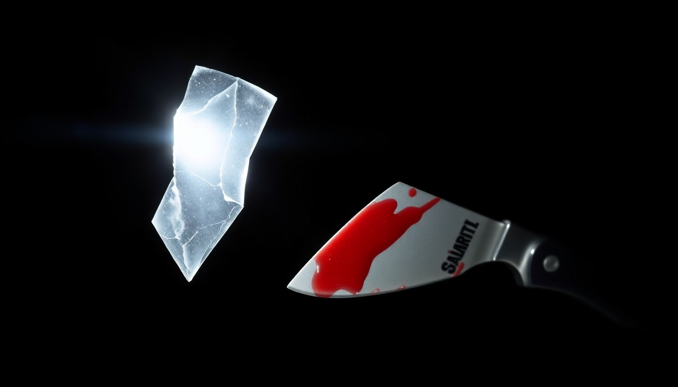 An extreme close-up photograph of a broken glass shard reflecting a harsh, direct camera flash, conceptually representing the stark evidence of a violent incident.
