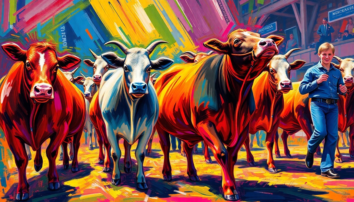 An abstract, energetic painting featuring bold brushstrokes in neon colors, capturing the spirit and movement of a livestock show with young exhibitors and their cattle.