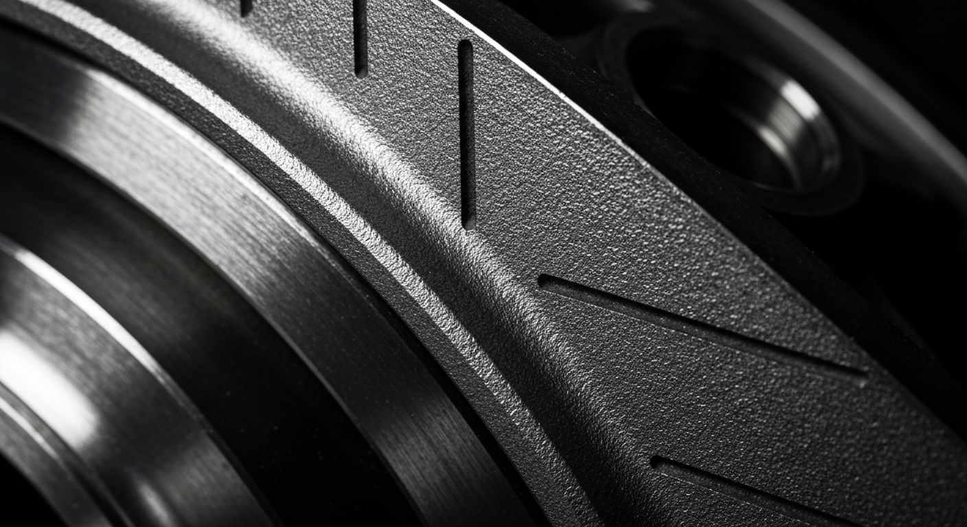 An extreme close-up of the pebbled, metallic surface of an automotive part, such as a brake rotor or engine component, captured in dramatic lighting that highlights the raw materials and engineering of the auto industry.