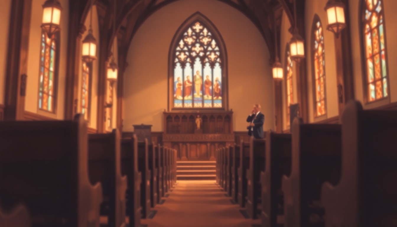 A blurred, impressionistic photograph of a church interior with pews and stained glass windows, capturing a sense of reverence and community.