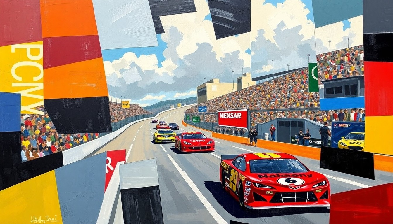 A cubist-style painting depicting a NASCAR race, with the cars and track broken down into sharp, overlapping geometric shapes and planes, conveying the uncertainty and challenges facing driver Alex Bowman.