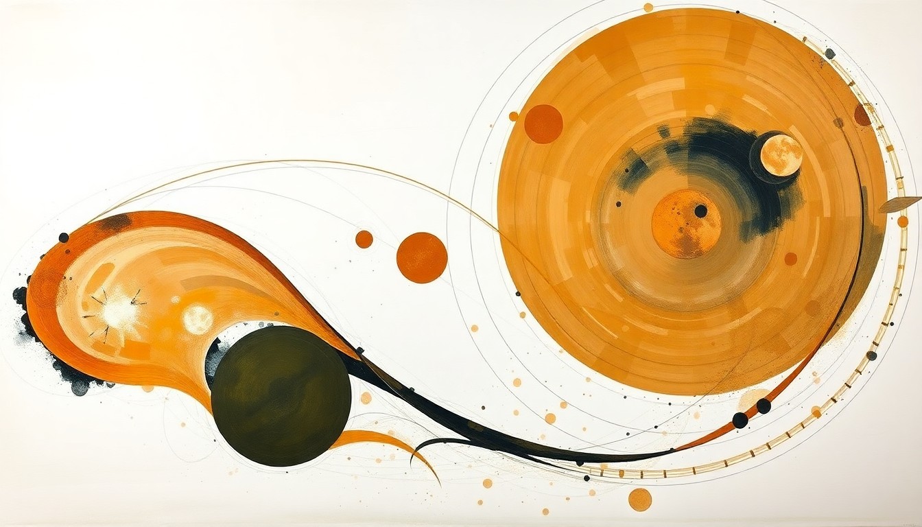 A bold, abstract painting in earthy tones depicting sweeping geometric arcs, concentric circles, and precise botanical spirals, representing the complex forces and concepts of the Artemis II lunar mission without using any text or symbols.