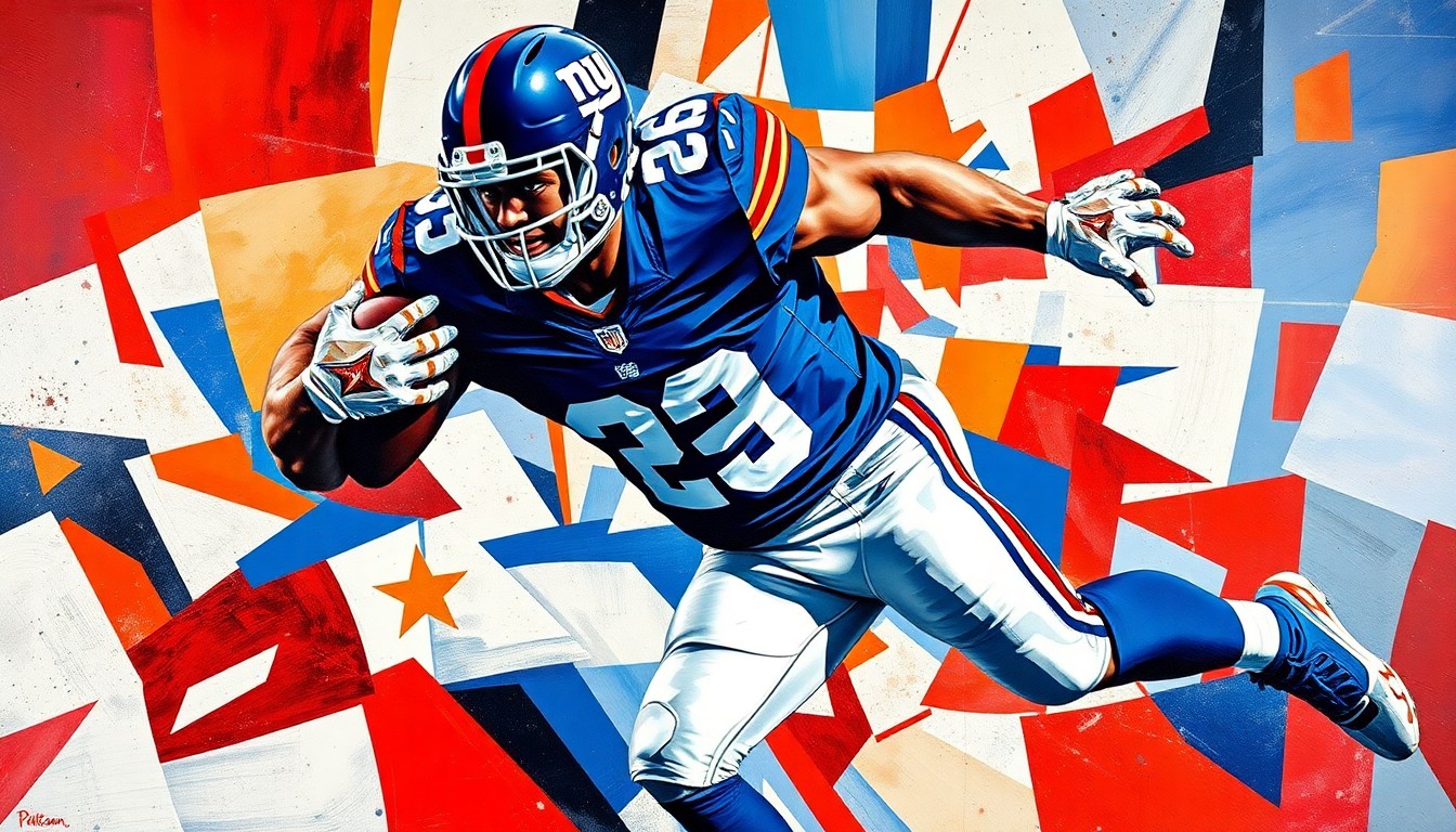A cubist-style painting depicting a defensive tackle in mid-tackle, with the player's form broken down into sharp, overlapping geometric shapes in the Giants' team colors of blue, red, and white.