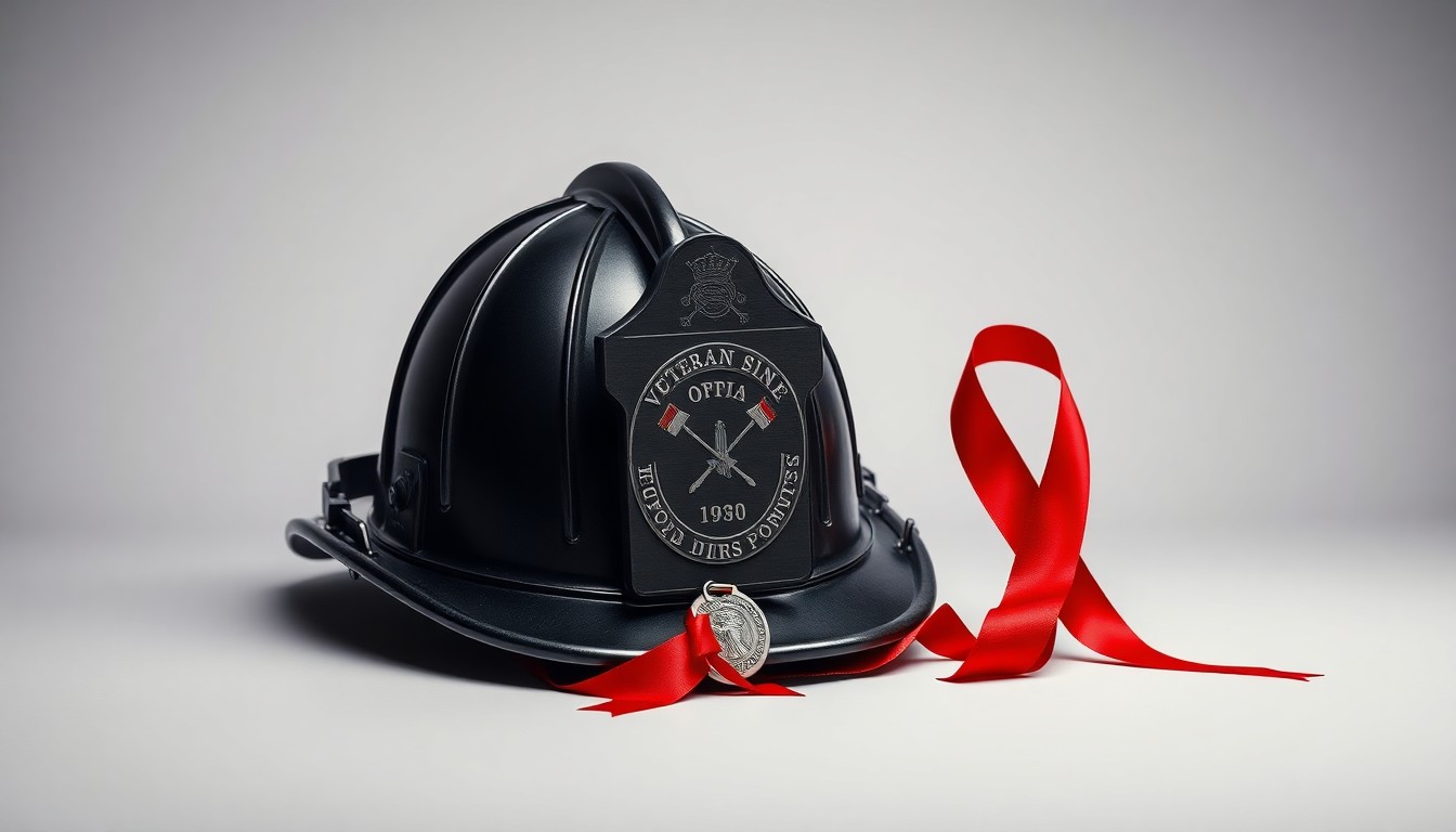 A photorealistic studio still-life photograph featuring a polished metal firefighter's helmet, a military dog tag, and a red ribbon, arranged elegantly on a clean, monochromatic background to represent the sacrifice and service of those who protect our communities.