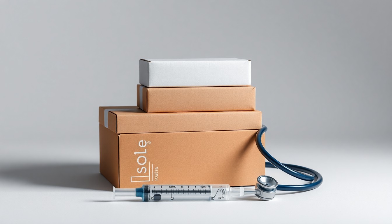 A photorealistic studio still life featuring a stack of medical supply boxes, a syringe, and a stethoscope arranged elegantly on a clean, white background, conceptually representing the precision and professionalism of Soleo Health's specialty pharmacy services.