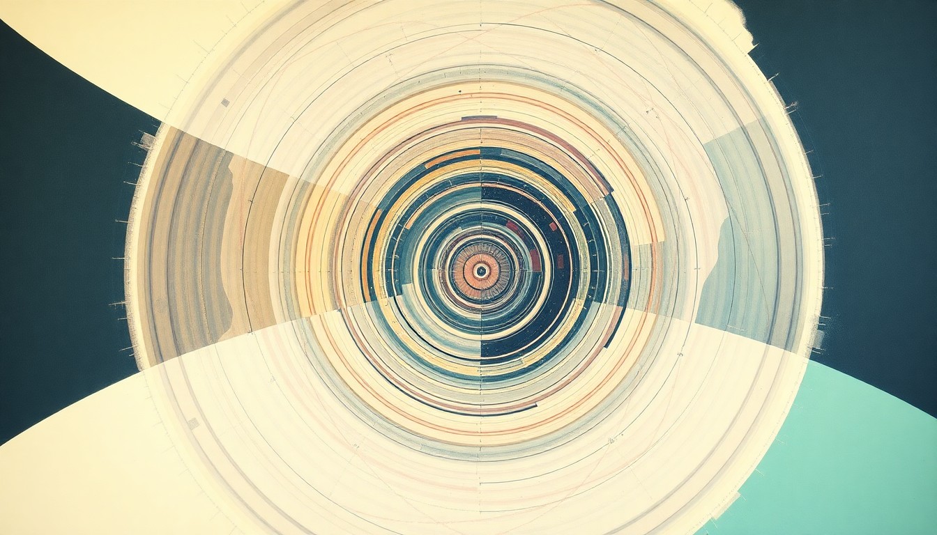 A highly structured abstract painting in soft blues, greens, and grays, featuring sweeping geometric arcs, concentric circles, and precise botanical spirals, conceptually representing the complex scientific forces and processes behind deep borehole nuclear waste disposal.