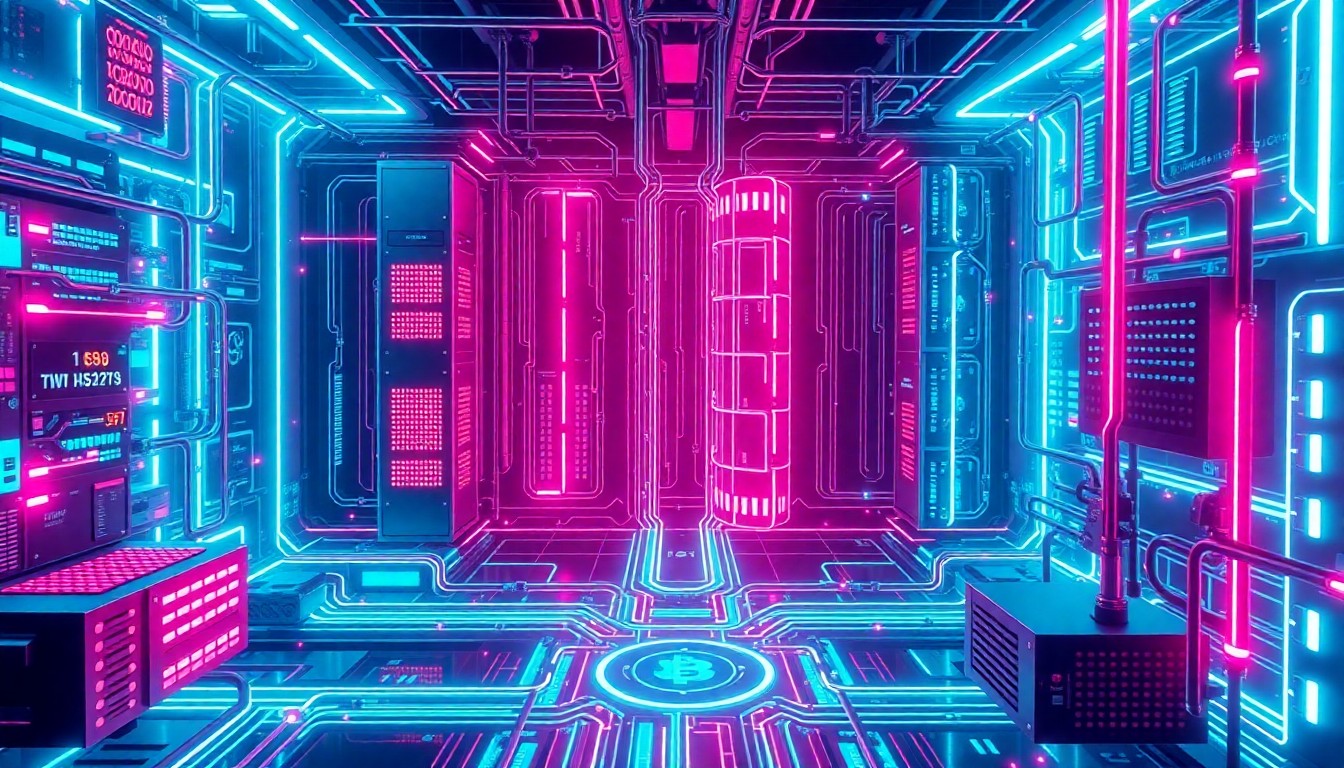 A highly detailed, glowing 3D illustration of a futuristic digital asset transaction system, with neon cyan and magenta lights illuminating the complex network of interconnected hardware components, data flows, and security protocols, conceptually representing the technological sophistication and potential vulnerabilities of digital asset infrastructure.