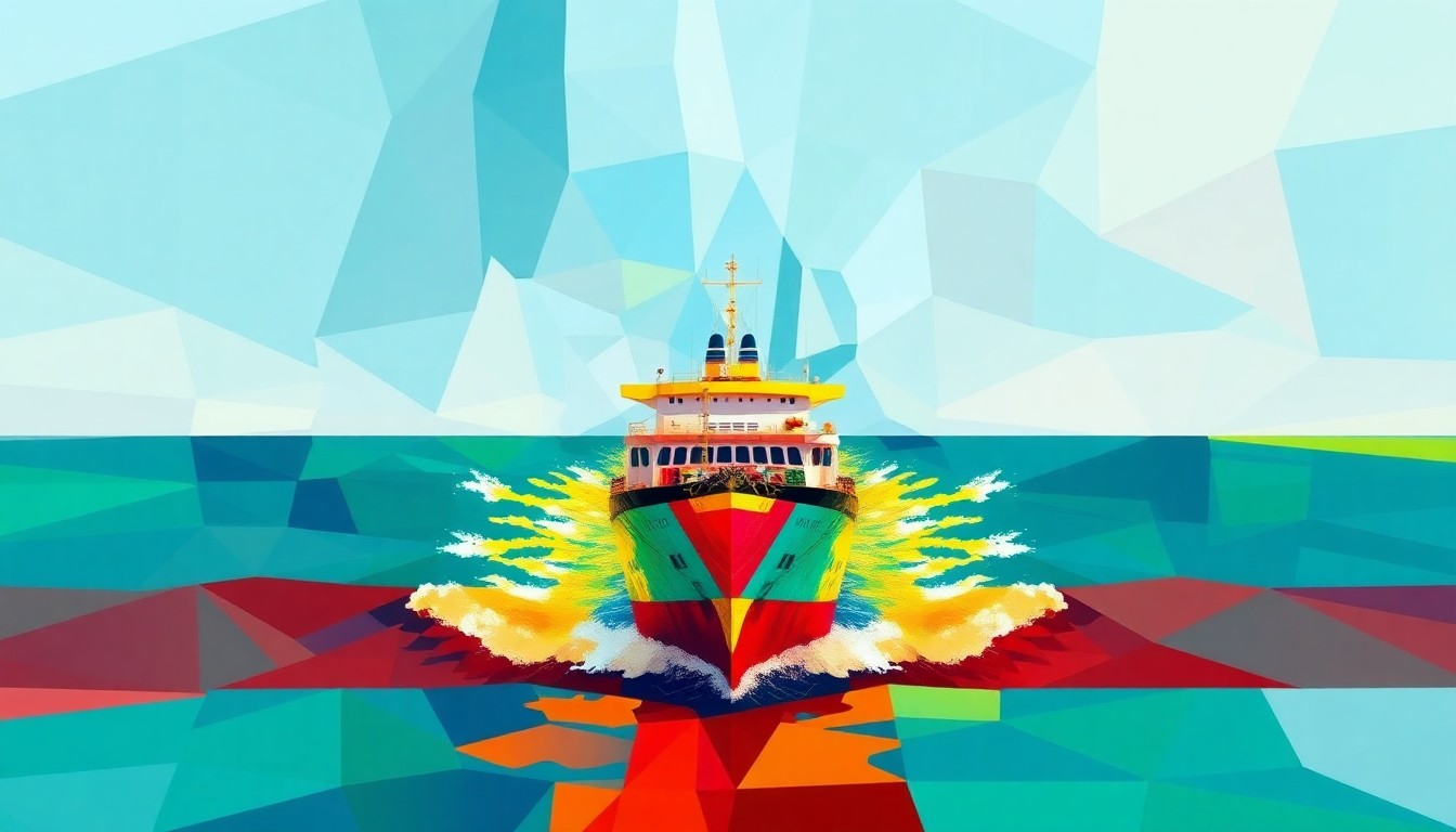 A dynamic, abstract painting of a ship sailing through the Strait of Hormuz, with the ship's wake and waves rendered in bold, overlapping geometric shapes and vibrant, clashing colors, creating a sense of motion and urgency.