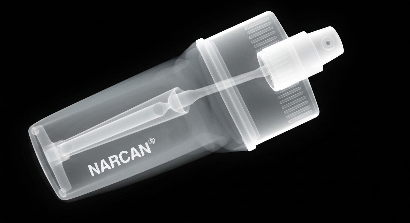 A ghostly, translucent X-ray photograph revealing the internal structure of a NARCAN® Nasal Spray device, its components glowing against a dark background, conceptually illustrating the life-saving power of this medication.