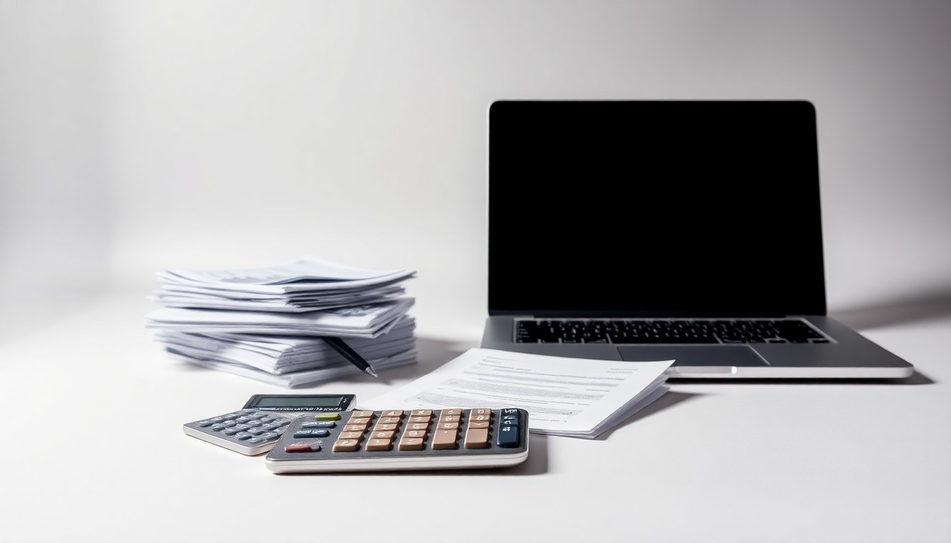 A high-end, photorealistic studio still-life photograph featuring a polished metal calculator, a stack of financial reports, and a sleek laptop computer arranged elegantly on a clean, monochromatic background, conceptually representing the transformation of the finance function.