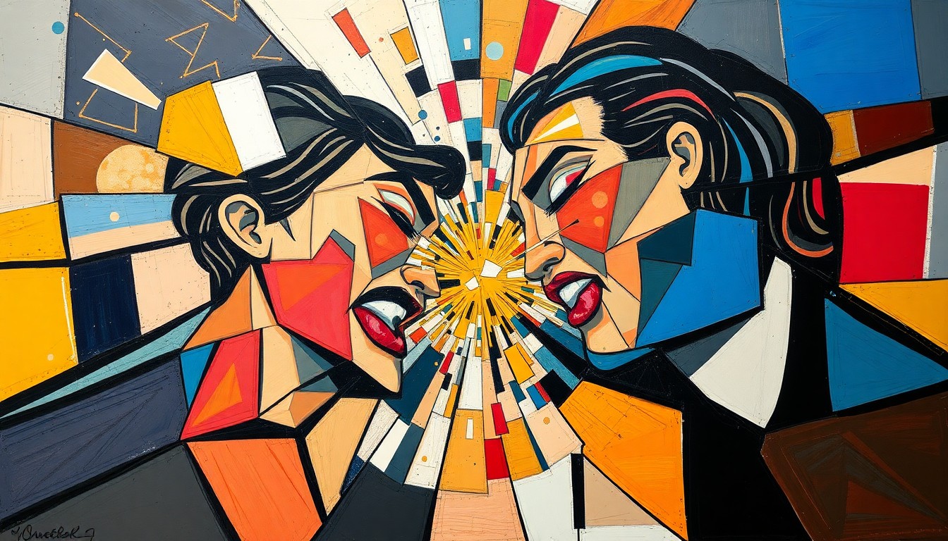 A cubist, geometric painting depicting the collision between two wrestlers, with their bodies and the surrounding environment fractured into sharp, overlapping planes that convey the intensity and chaos of the moment.